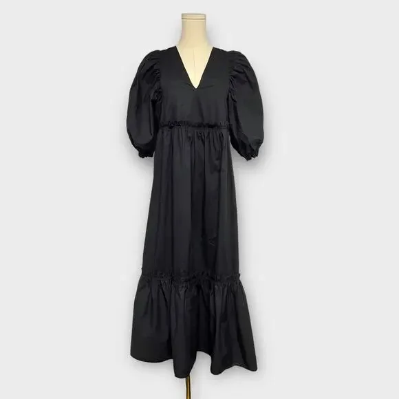 Hunter Bell Palmer Puff Sleeve Ruffle Hem Midi Dress Onyx Size Small - Picture 2 of 7